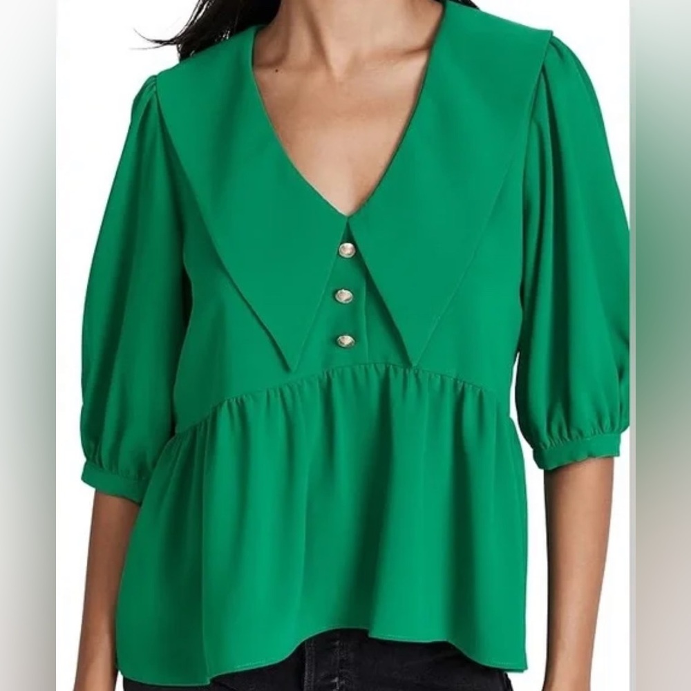 AMANDA UPRICHARD Evangeline Top Woman’s M Green Gold Buttons Collared V-neck EUC